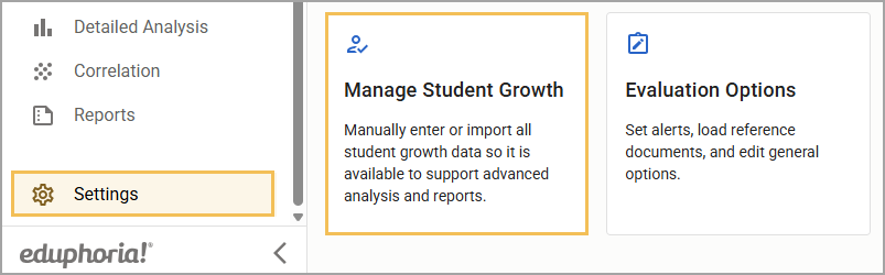 Settings menu showing options for managing student growth and evaluation options.